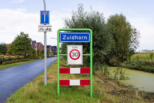 Zuidhorn, The Netherlands - September 25, 2022: Place name sign Zuidhorn, municipality Westerkwartier Groningen province in the Netherlands