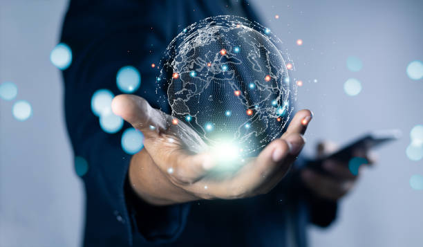 istock Businessman holding circle global network connection. Big data analytics and business intelligence concept. Digital link tech , business network communication and technology concept. 1690923510