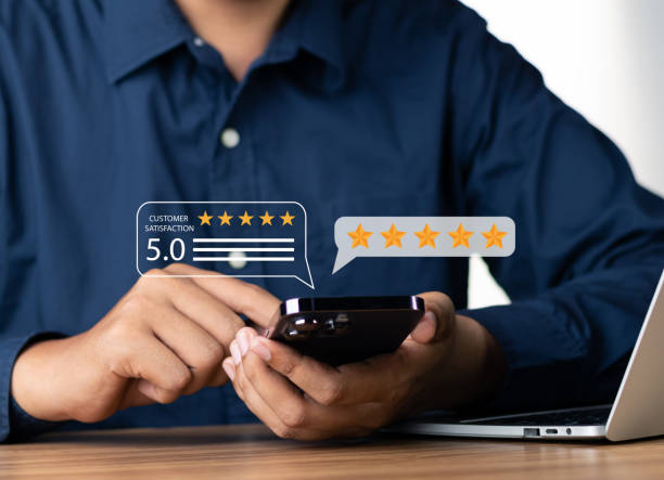istock Customer or User give rating to service experiences review satisfaction feedback survey on online application, Customer can evaluate quality of service leading to reputation ranking of business. 1690924716