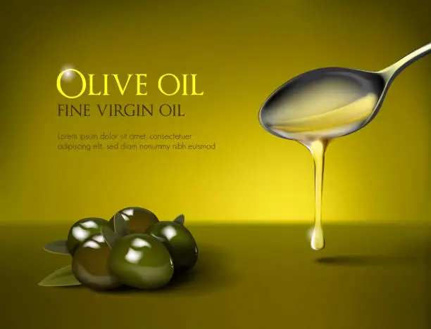 Vector illustration of Olive oil falling from spoon, nutritional elements and olives. Design of olive oil, natural cosmetics and health products.
