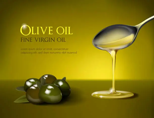 Vector illustration of Olive oil falling from spoon, nutritional elements and olives. Design of olive oil, natural cosmetics and health products.