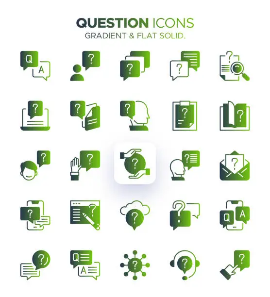 Vector illustration of Question Icon Set with Gradient Colors - Inquiry, Interrogation, Query, Mark, Answer, Pictogram, Help, Ask