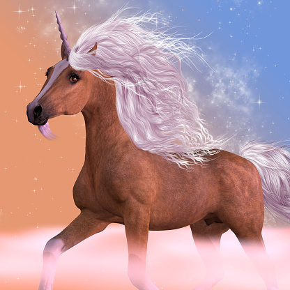 A buttercup stallion unicorn trots through fog under the stars.