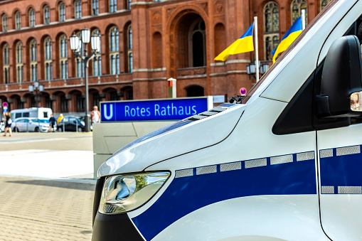 Police car in front of the Red City Hall in Berlin