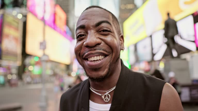 Candid portrait of mature Black man in Times Square