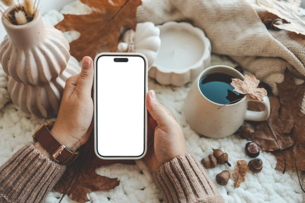 istock Phone with an isolated screen in hands, autumn mood 1690930288