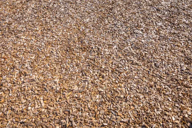 Woodchips used as safe soft surface for a playground or against weeds in a garden, bark mulch