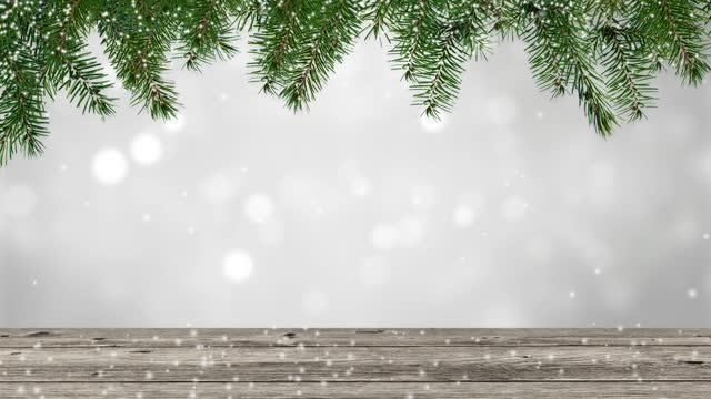 frame from christmas tree and wooden table on white abstract bokeh light animation background with snowflake particle animation, product display for christmas and december holiday season
