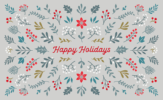 Holiday, Christmas card with mistletoe branches, poinsettia flower, holly leaves, evergreen branches and berries background. Greeting card, invitation template.
