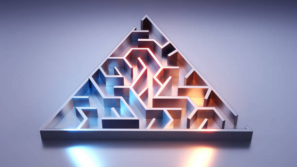 labirinto di metallo triangolare illuminato con luci blu e arancioni - triangle puzzle three dimensional shape metal foto e immagini stock