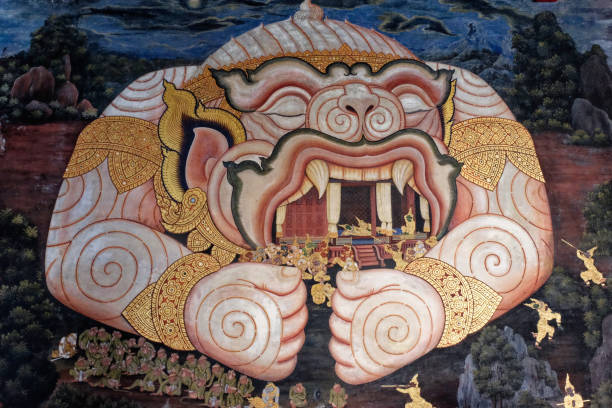 dentro de um templo de bangkok, um mural tailandês tradicional narra contos míticos do ramayana. - temple wat phra kaeo mural wall - fotografias e filmes do acervo