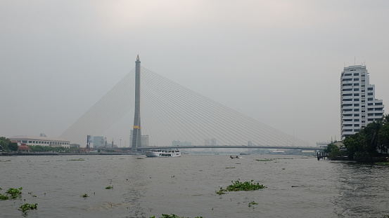 Bangkok, Thailand, December 28, 2018. The Rama VIII Bridge in Bangkok, a cable-stayed bridge with a single pylon, spans over the Chao Phraya River under an overcast sky.
