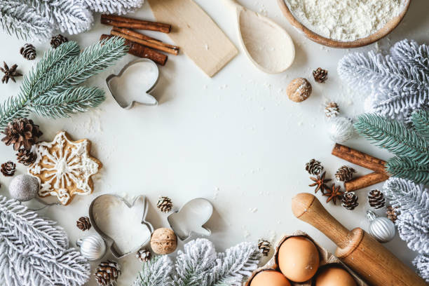 istock Christmas background with place for text. Flour, eggs, cinnamon, form, rocking flat lay top view 1690934198