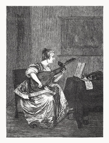 The Lute Player. Wood engraving after an oil painting (1667/70) by Gerard ter Borch (Dutch painter, 1617-1681) in the New Gallery, Kassel, Germany, published in 1878.