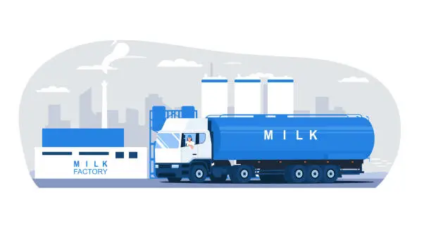 Vector illustration of A milk truck with a driver goes to a milk processing factory