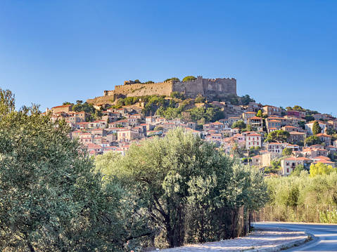 Stone houses and castle of Molyvos. Molyvos is north part of Lesvos, in the province of Ancient Mithymna, the second biggest and most important fortress in the island.