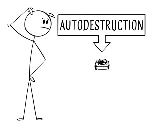 Vector illustration of Person and Autodestruction Switch or button, Vector Cartoon Stick Figure Illustration