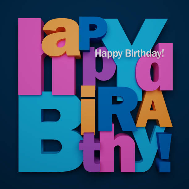 3D render of colorful HAPPY BIRTHDAY! typography in a square on dark blue background