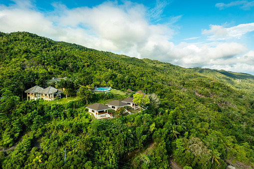 Top aerial view over green jungle landscape with resort\nSiquijor island, The Philippines