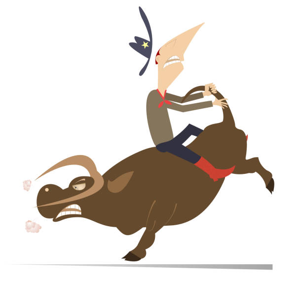 rodeo. rolnik lub kowboj i wściekły byk - rodeo bull bull riding cowboy stock illustrations