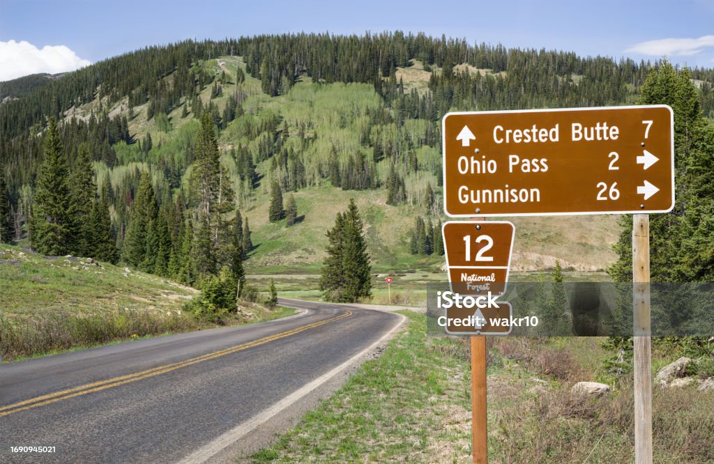 Colorado Destinations Road Sign A sign in central Colorado shows distances to popular destinations. Brown Stock Photo