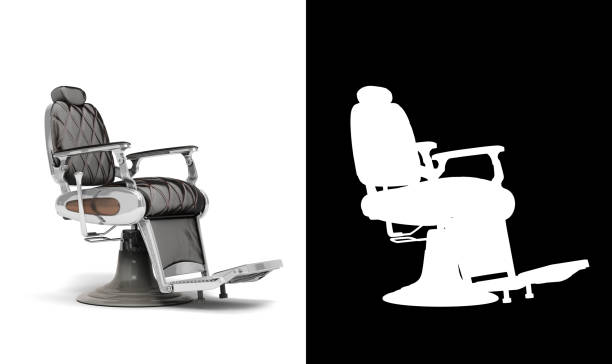 Retro black leather barber chair with chrome inserts perspective view 3d render on white with alpha