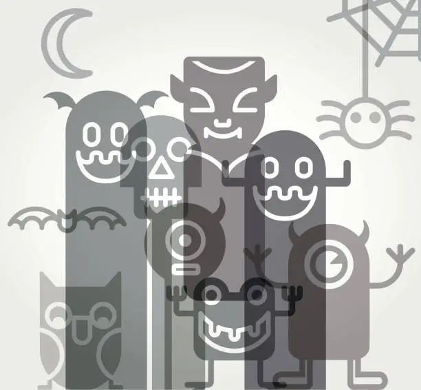 Vector illustration of Halloween Monsters - Black and White
