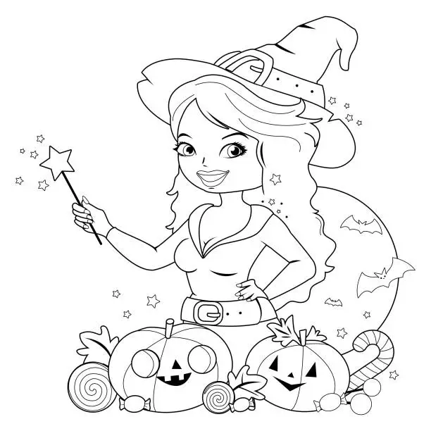 Vector illustration of Halloween witch, pumpkins and treats. Vector black and white coloring page.