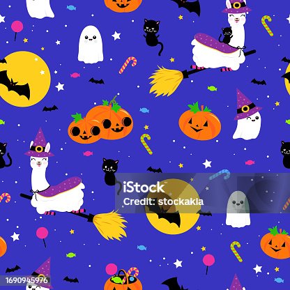 istock Halloween llama background. Seamless pattern. Vector illustration 1690945976