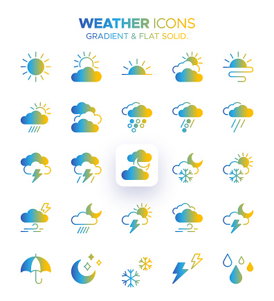 This file houses a collection of 25 weather icons under the theme 
