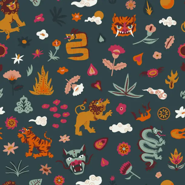 Vector illustration of Cute oriental, folk vector seamless pattern with hand-drawn dragons, lions and tigers, clouds, and lotus flowers. Indonesian-style, Asian Folklore snake, abstract flowers repeat for fabric and other
