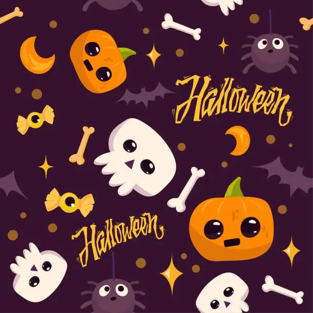 Vector illustration of Seamless Pattern Cute Cartoon Character. Halloween. Pumpkin, skull, bone, bat, candy, spider on dark background. Design templates for fashion, fabric, textile, wrapping paper, wallpaper