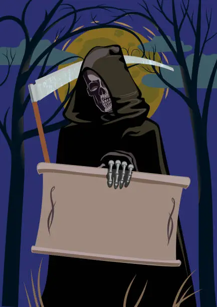 Vector illustration of Halloween Grim Reaper Skeleton With a Scroll