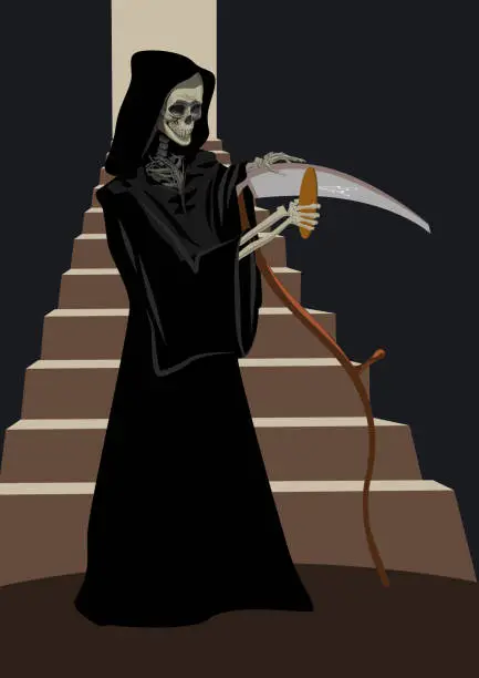 Vector illustration of Halloween Grim Reaper Skeleton Sharpening Scythe