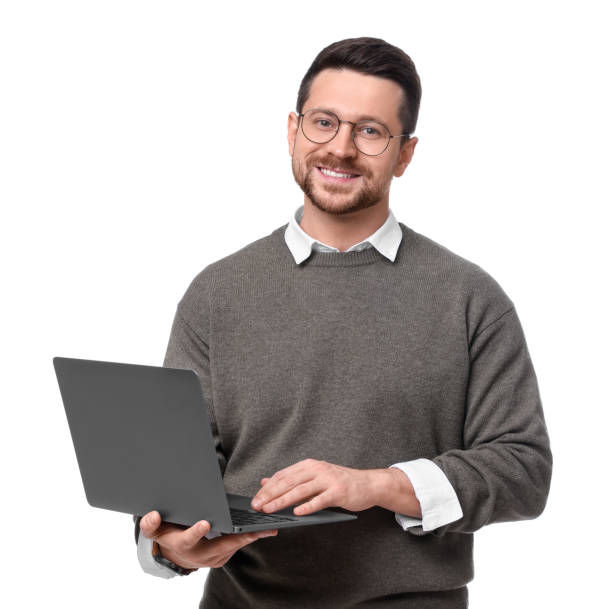 istock Handsome bearded businessman with laptop on white background 1690984601