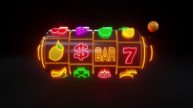 Animated Slot Machine With Fruit Icons. Casino Slot Gambling Concept With Neon Lights. Isolated On The Black Background. 3D Realistic Render, 4K Video