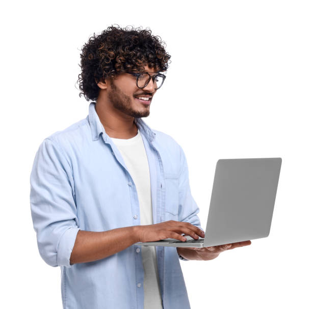 istock Smiling man with laptop on white background 1690992087