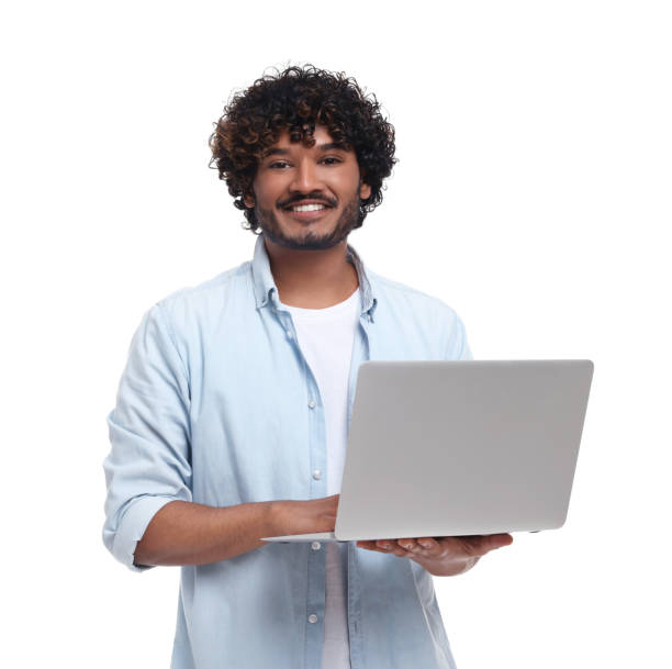 istock Smiling man with laptop on white background 1690992215