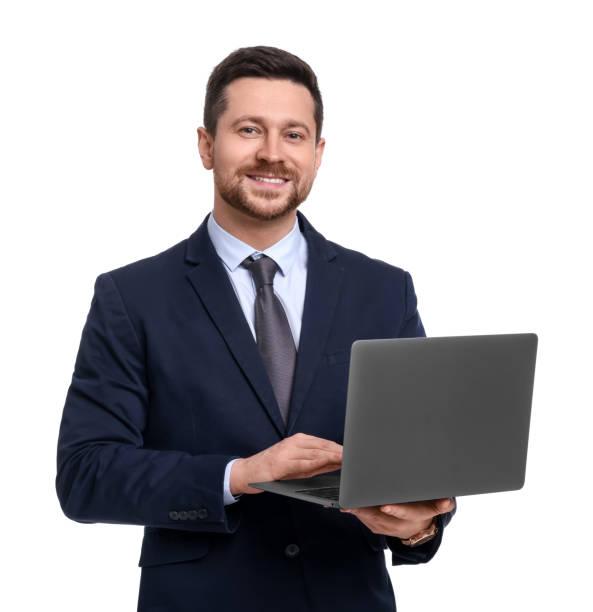 istock Handsome bearded businessman in suit with laptop on white background 1691000229