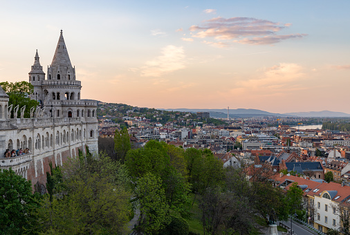 Budapest, Hungary - April 23, 2023: A picture of the Fisherman's Bastion at sunset.