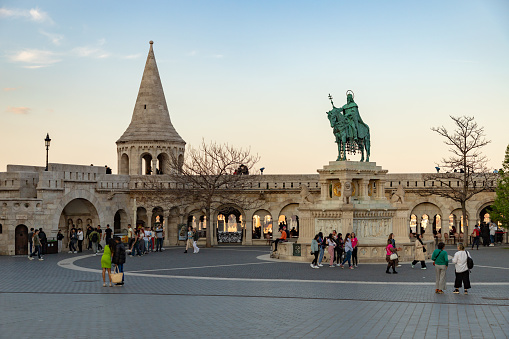 Budapest, Hungary - April 23, 2023: A picture of the Fisherman's Bastion and the St. Stephen Statue.