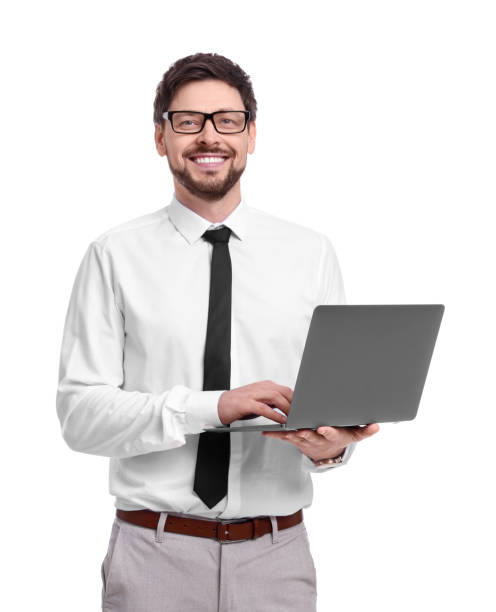 istock Happy man with laptop on white background 1691001367