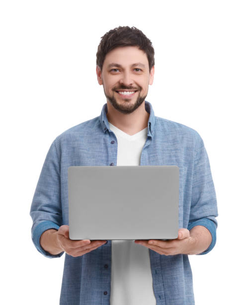 istock Happy man with laptop on white background 1691001379