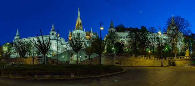 Budapest, Hungary - April 23, 2023: A picture of the Fisherman's Bastion at night.