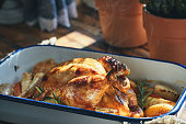 Roasted Chicken with Root Vegetables in Domestic Kitchen
