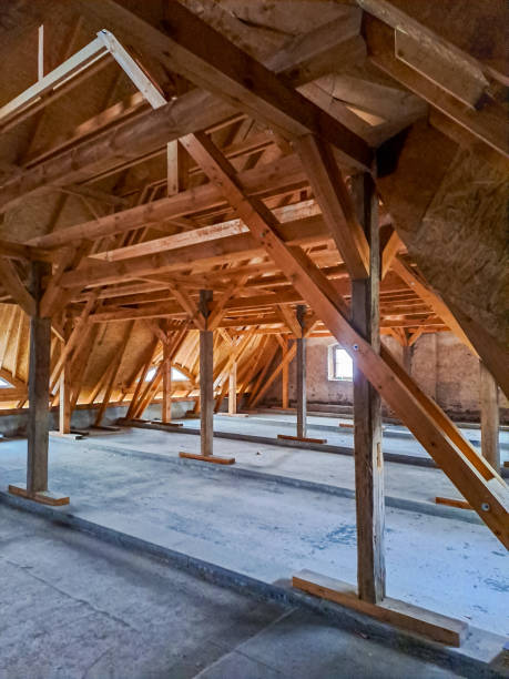 istock Roof, view from the inside. Wooden beams 1691014026