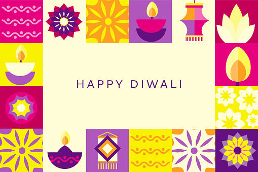 Vector illustration of a Happy Diwali abstract geometric mosaic greeting card flat design template with flower patterns Diya and Kandeel lanterns. Fully editable vector eps and high resolution jpg in download.