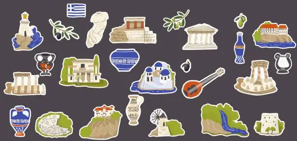 Vector illustration of Vector illustration, set of stickers of hand drawn landmarks, attractions, sights, symbols of Greece in doodle style. Tourism, travel.