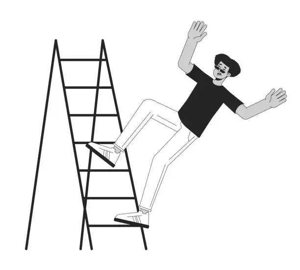 Vector illustration of Young man falls from ladder stair flat line black white vector character