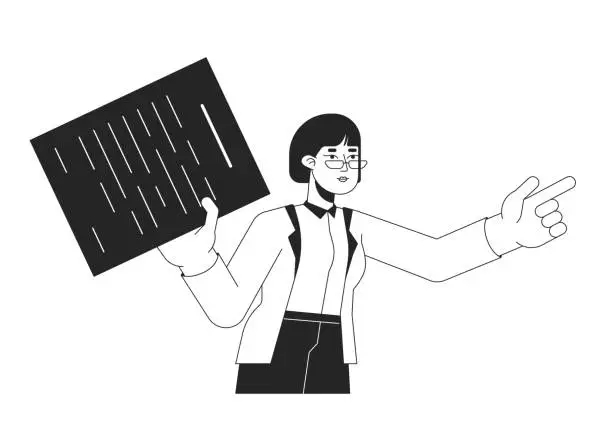 Vector illustration of Asian female employee points finger flat line black white vector character
